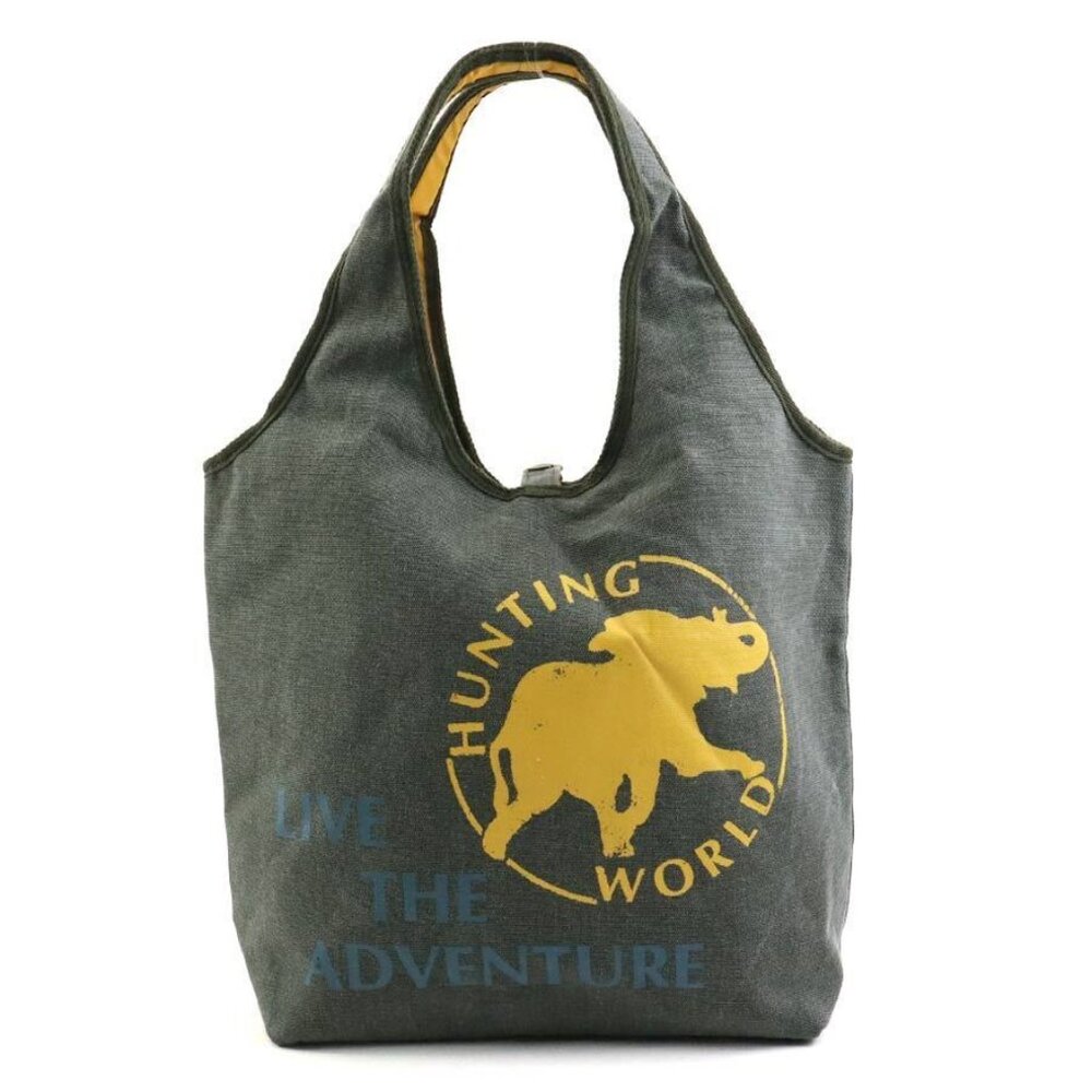 Auth HUNTING WORLD Reversible Handbag Khak/Yellow/Blue Canvas - r10313a